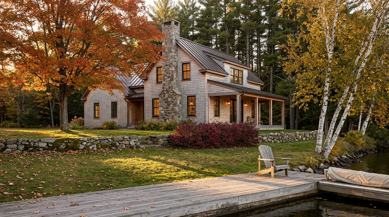 Silver-gray cedar-shingle home beside a dock, framed by orange-red maple and golden birch trees.