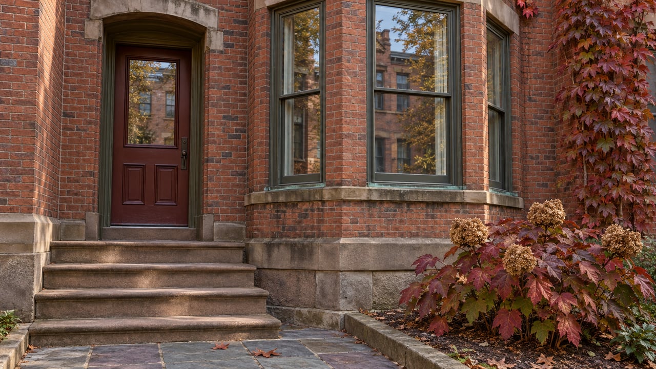 Red brick home entrance with worn brownstone steps, an olive-painted window bay and autumn oakleaf hydrangea.