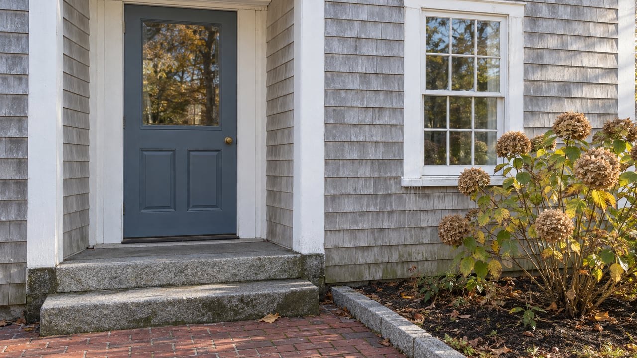 Slate-blue door and white-trimmed sash window on a weathered cedar-clapboard home, with worn granite steps and dried hydrangea flowers.