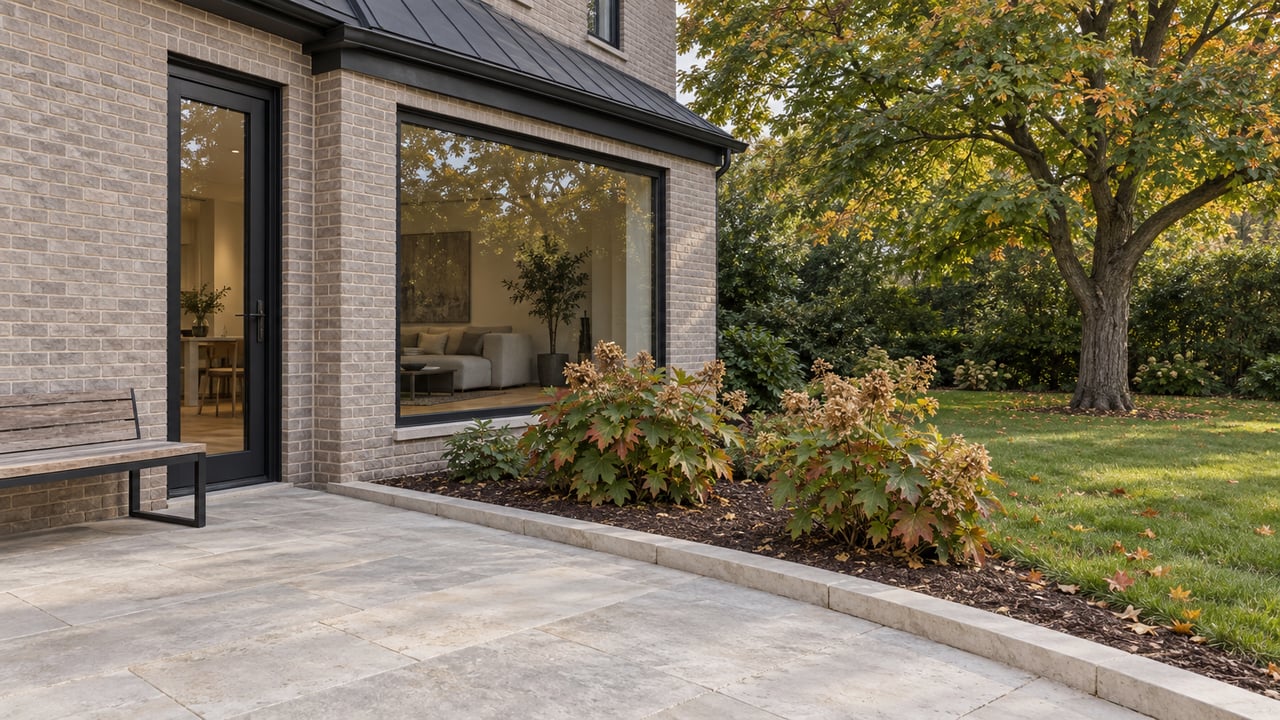 Pale limestone terrace beside a gray brick home with black-framed glazing, oakleaf hydrangeas and a maple beginning to turn amber.