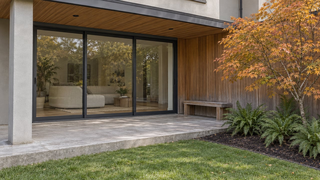 A contemporary home's cedar-clad rear terrace with closed glass doors, a weathered teak bench, and an amber-leaved vine maple beside sword ferns.
