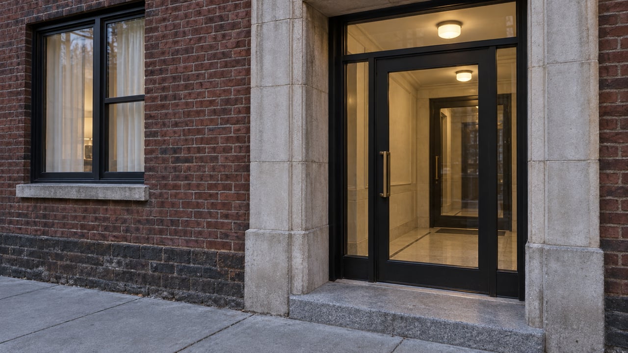 A brick condominium entrance with a pale limestone surround, black steel glass door and warmly lit enclosed vestibule at early evening.