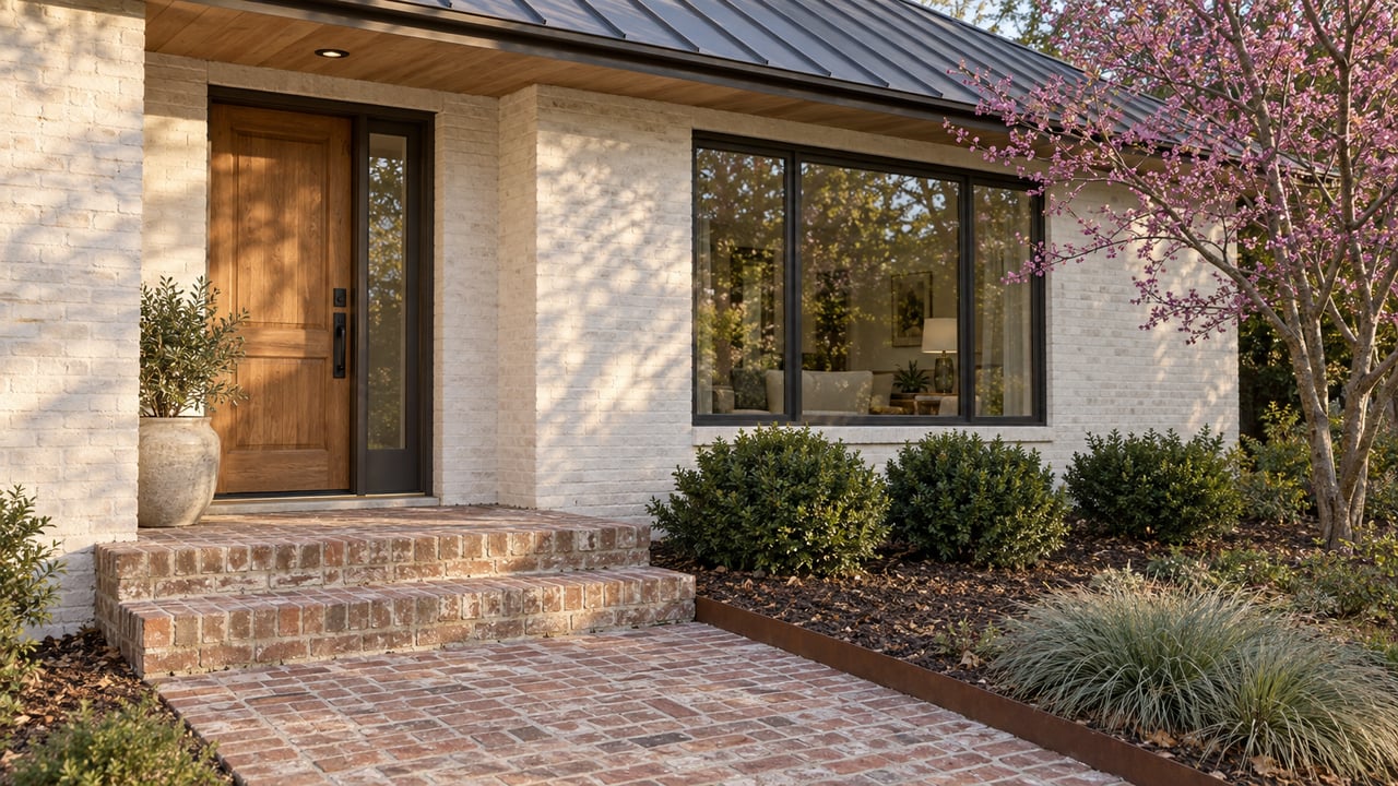 Renovated ranch entry with cream brick, oak door, black-framed window, brick steps, and a young redbud tree.