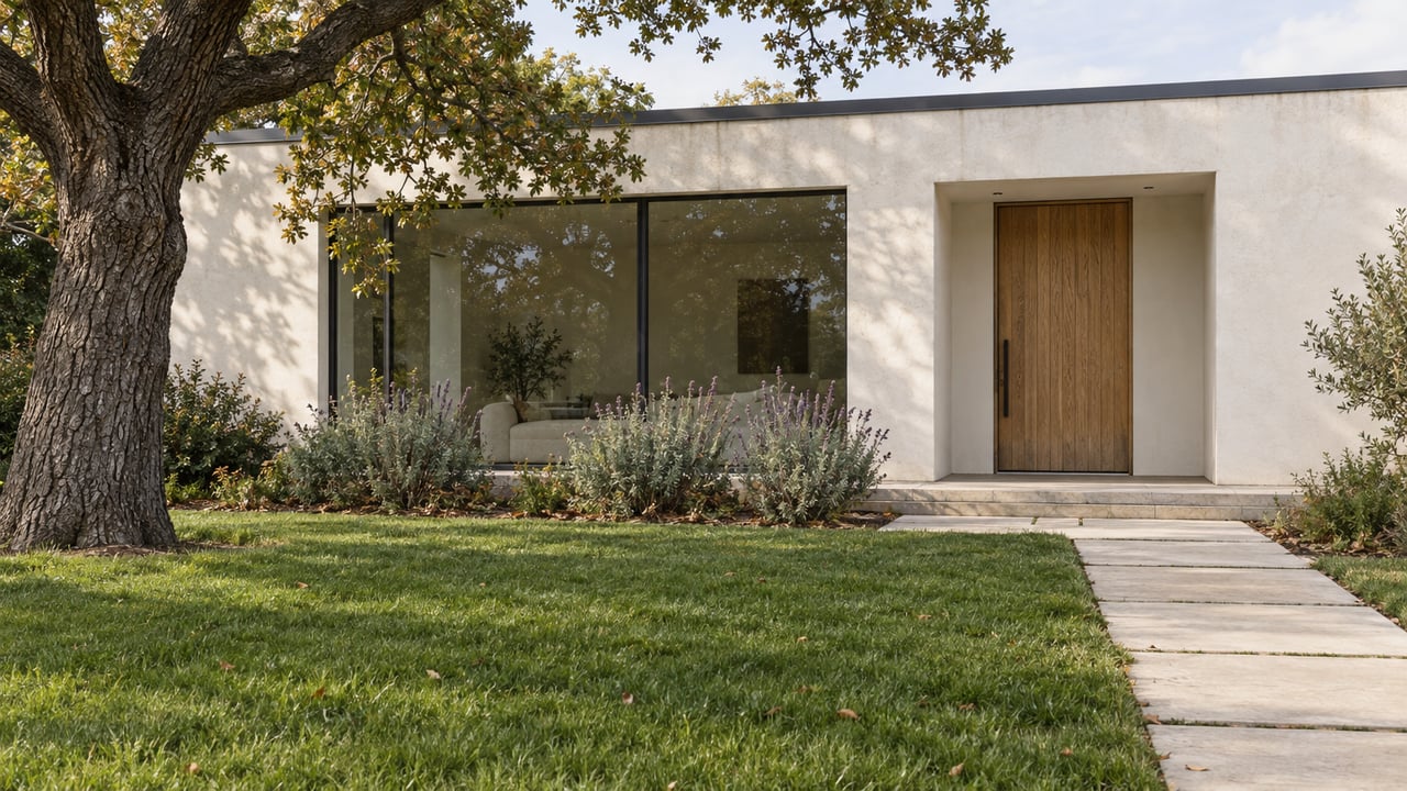 Contemporary stucco home with a recessed oak entry, dark-framed glazing and a deep front lawn beside a mature oak.