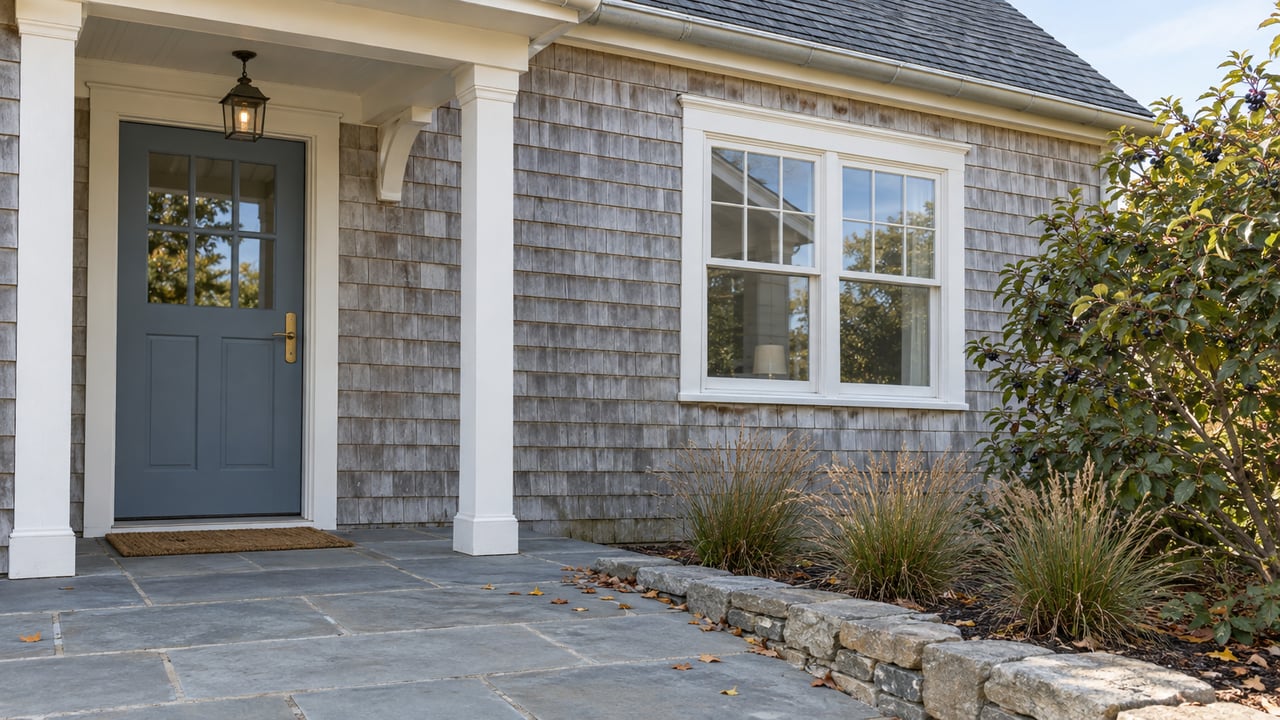 Coastal shingle home entry with a slate-blue door, divided-light window, bluestone landing, and low fieldstone curb.