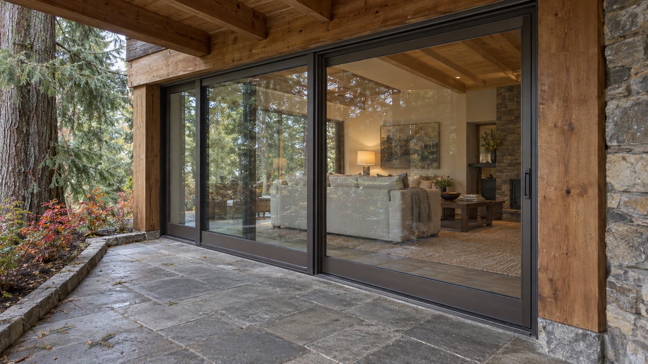 Covered cedar porch with gray stone paving beside bronze-framed glass doors and a coursed stone wall.