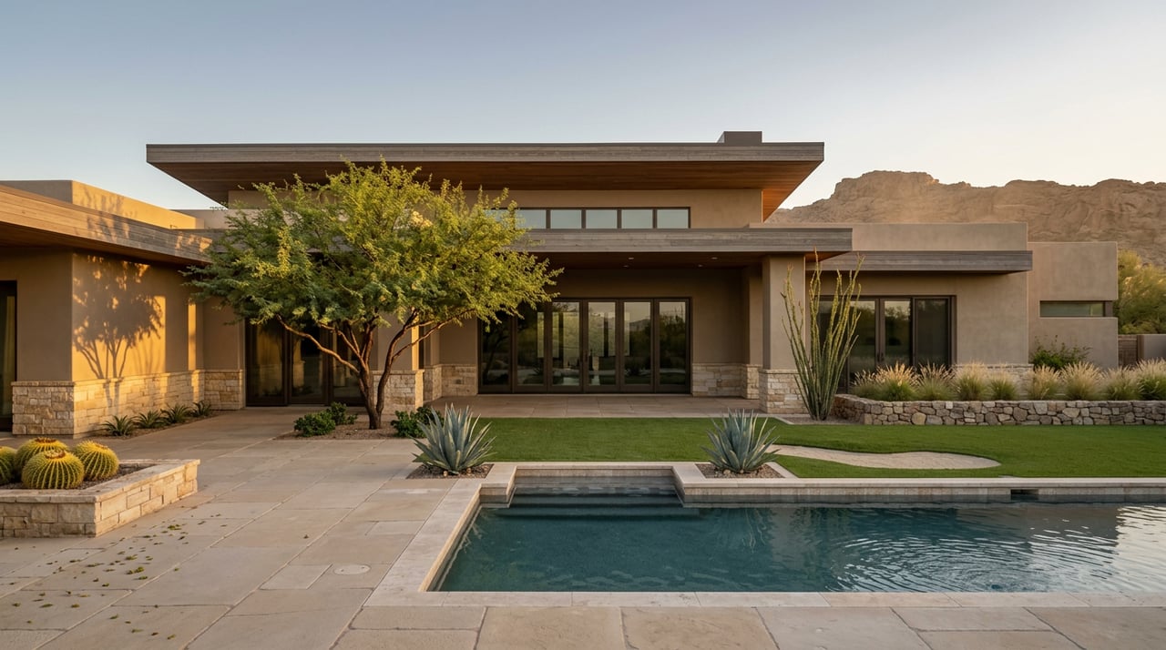 Desert estate with a pool, stone patio, manicured turf, and sculptural mesquite tree beneath a rocky ridge.