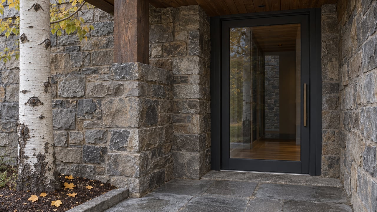 Stone home entrance with a dark-framed glass door beside an autumn aspen tree.