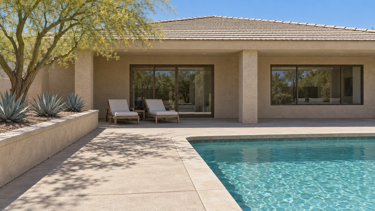 Sunlit sand-stucco home with a shaded terrace, bronze-framed glass doors and a turquoise pool beside a specimen tree and agaves.