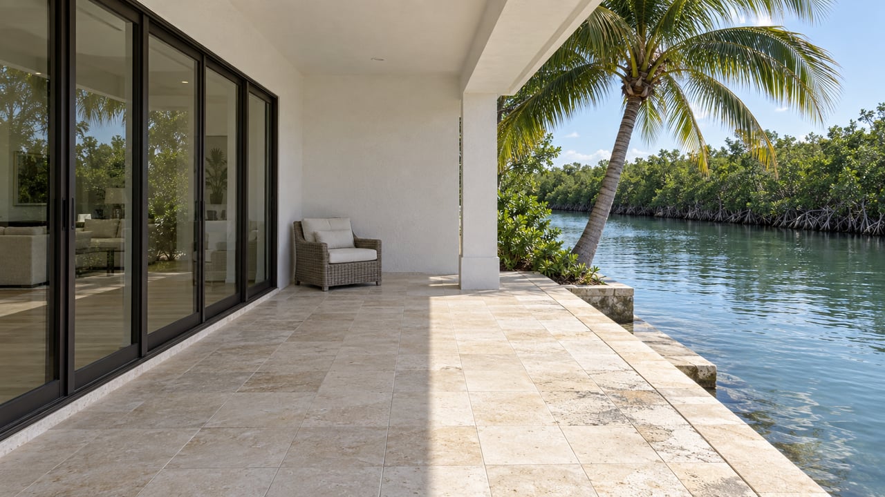 A covered lanai with closed glass doors, a lounge chair, and a palm beside a calm canal.