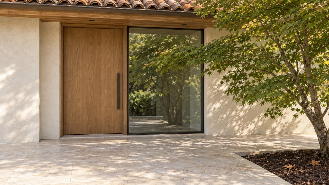 Cream stucco entry with an oak door, bronze-framed glass, clay tile eaves and a limestone terrace beside a mature Japanese maple.