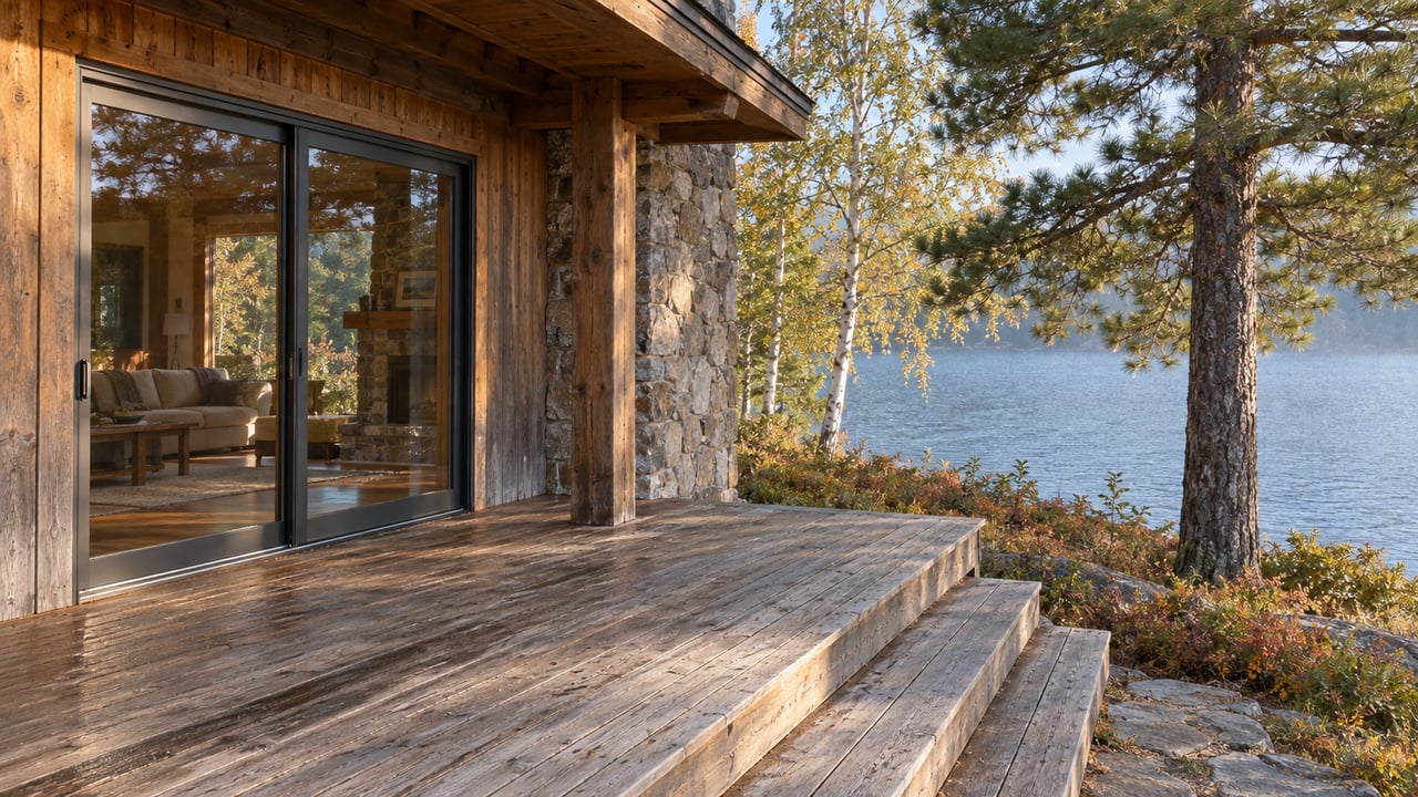 Timber lakeside house with a fieldstone chimney, cedar deck steps, and a pine beside still water.