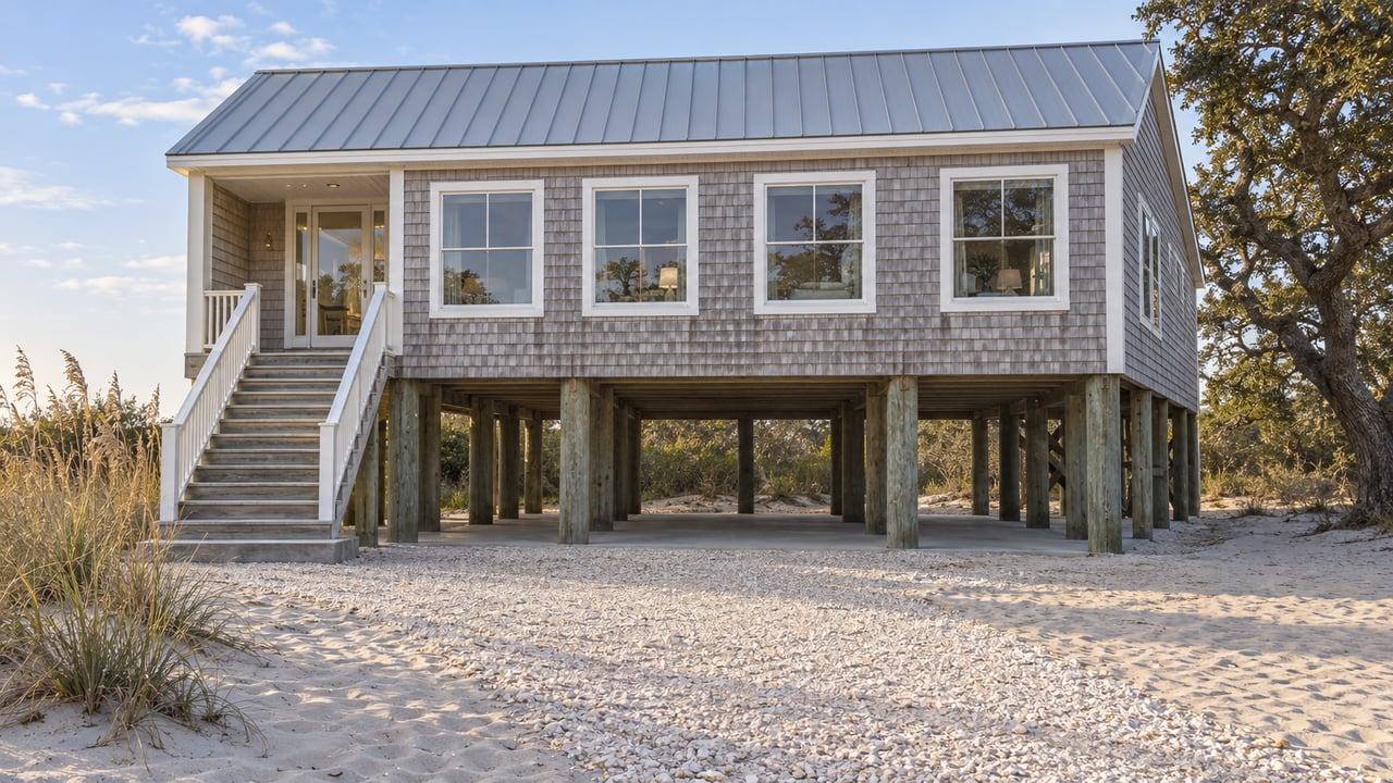 Silver-gray shingled house raised on timber pilings, with white-trimmed windows and a straight entry stair across a sandy yard.