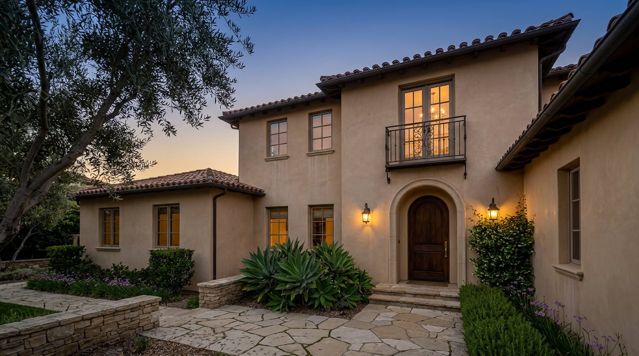 Mediterranean stucco residence with an arched entry, bronze lanterns, olive tree, and glowing chandelier at dusk.