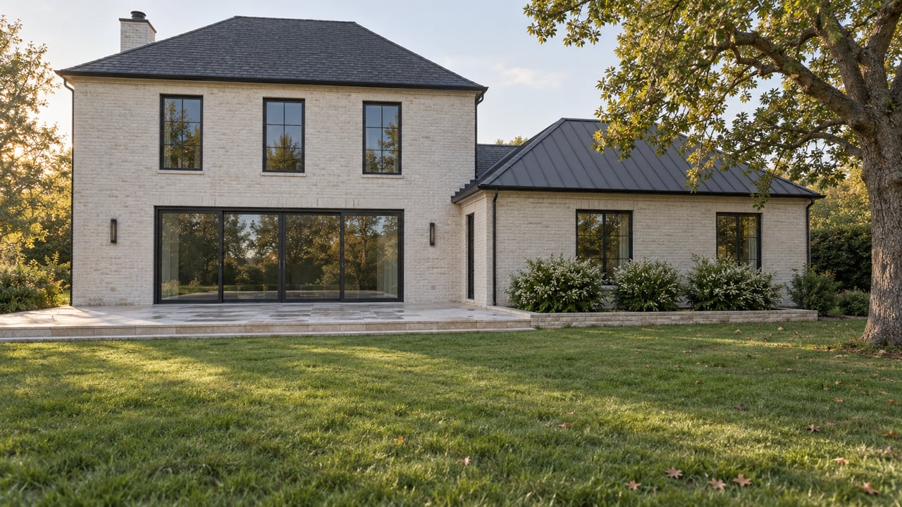Light-brick house with charcoal roofs beyond a deep lawn, limestone terrace, and spreading white oak.