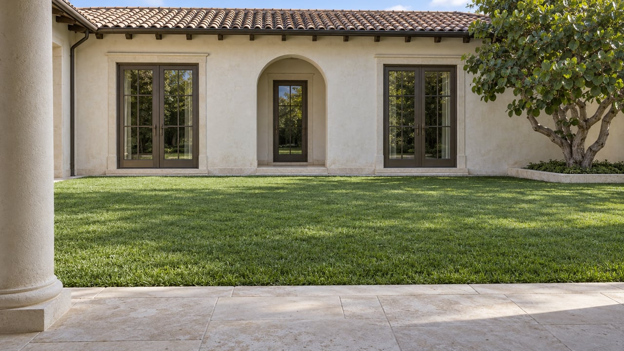 Ivory stucco estate garden wing with bronze-framed glass doors, clay roof tiles, and a broad lawn beyond a limestone terrace.