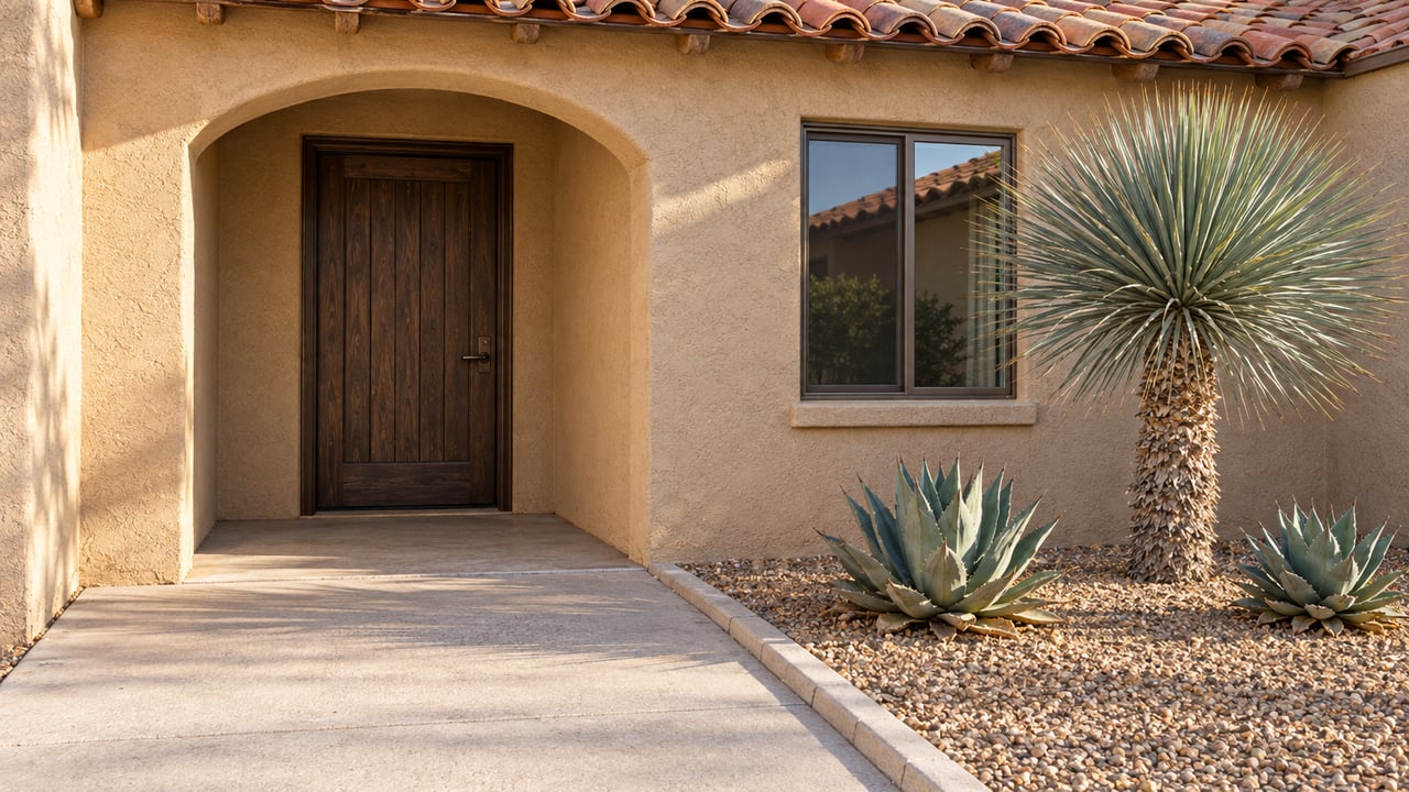 Sunlit stucco home entrance with a clay-tile roof, dark wood door, and blue-green desert plants beside an edged concrete walk.