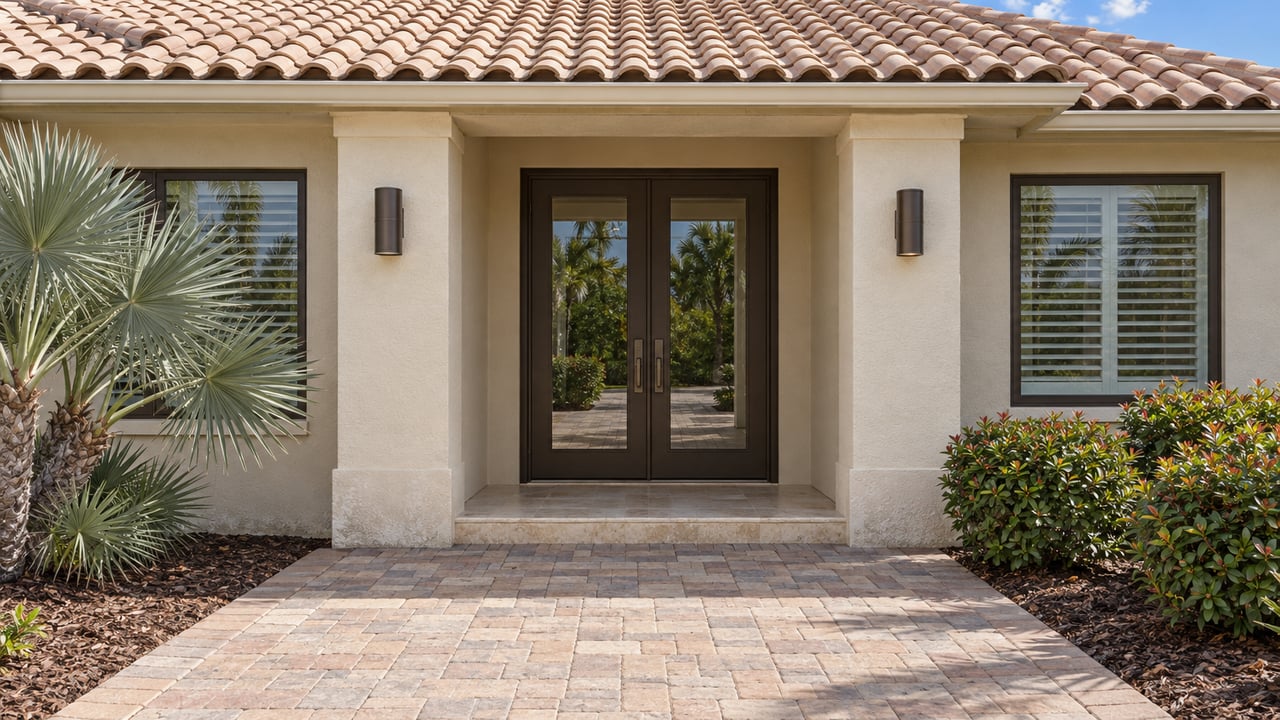 Sunlit ivory stucco entrance with bronze-framed double doors, tan barrel tiles and a broad paver approach bordered by silver saw palmetto and cocoplum.