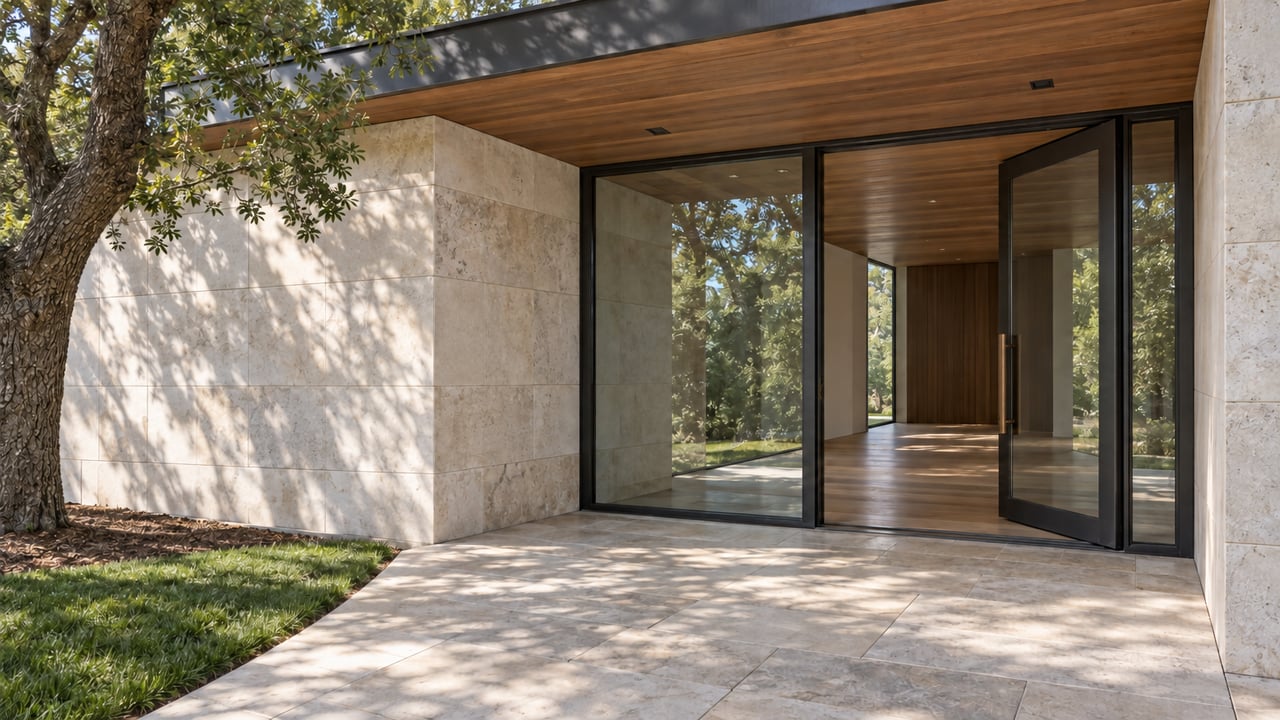 Oak-shaded limestone entry with a cedar canopy, steel-framed pivot door, and an enclosed wood-floored hall.