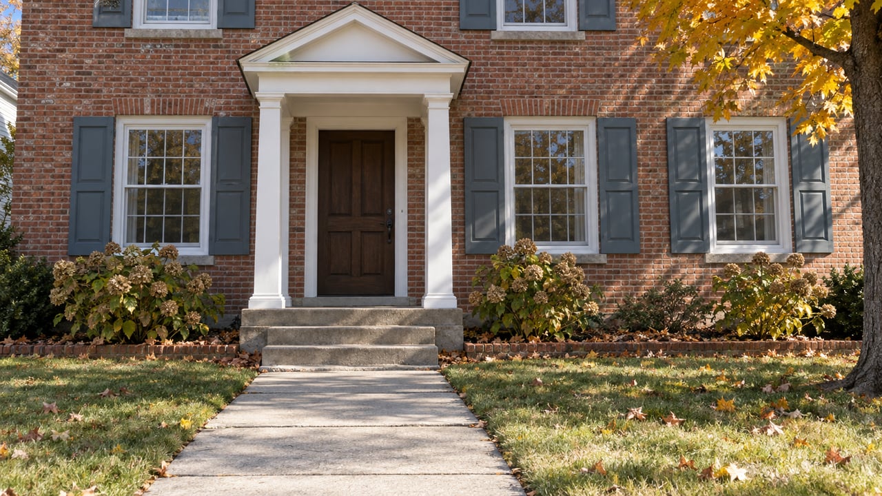 Autumn sunlight on a traditional red-brick house with blue-gray shutters, a white entry portico, and a concrete front walk.