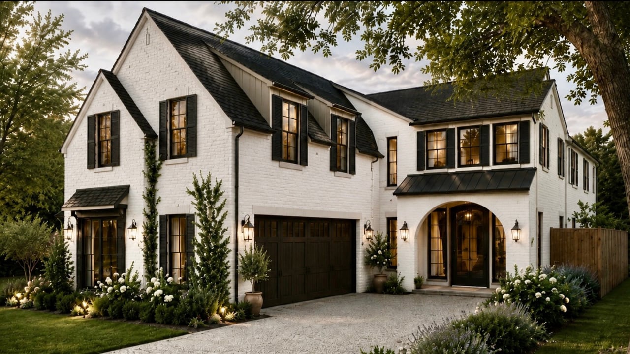 White brick two-story home with black shutters, an arched entry, and a landscaped driveway.