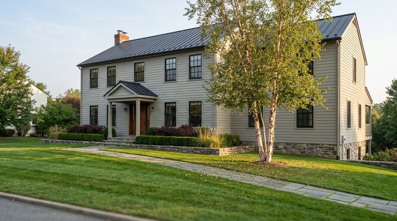 Updated colonial home with greige siding, black metal roof, river birch, and a bluestone path across a broad lawn.