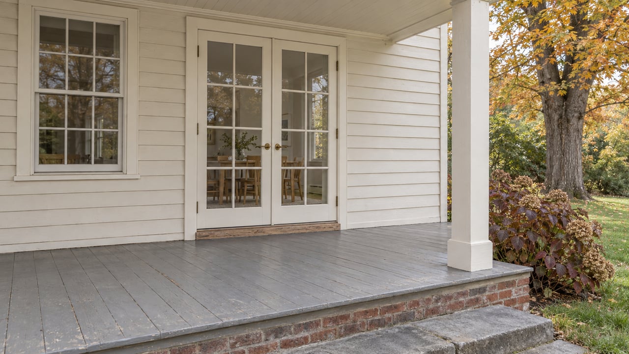 Covered porch with ivory clapboards, closed French doors, worn gray wood flooring and a bluestone step beside autumn planting.