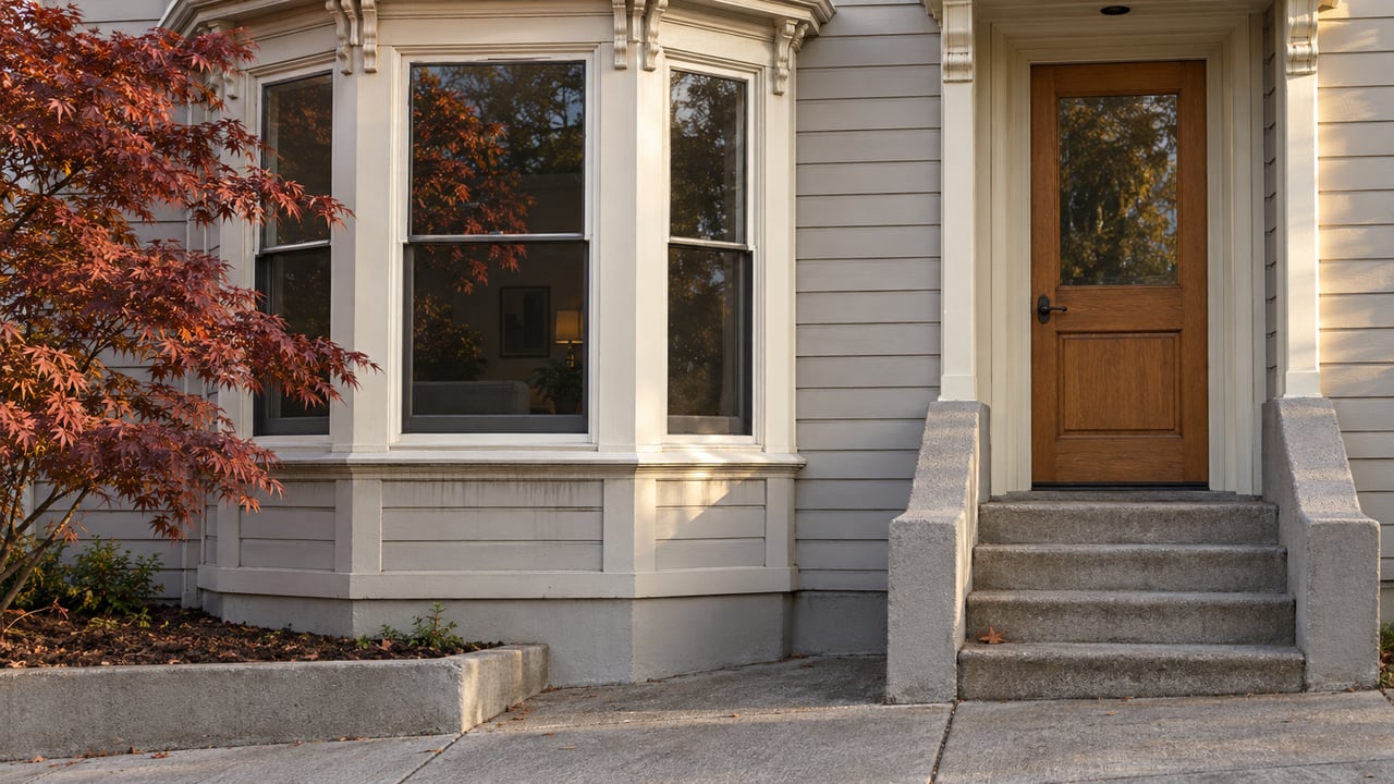 Light-painted wood house with a three-sided bay window, a warm wood entry door, worn concrete steps and a bronze-red Japanese maple.
