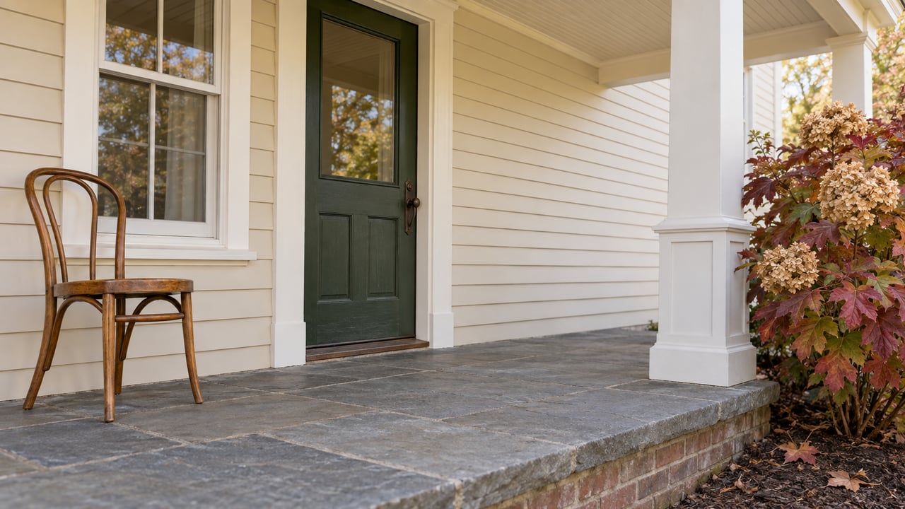 Ivory clapboard entry porch with a green paneled door, bluestone paving, a wooden chair and autumn oakleaf hydrangea.