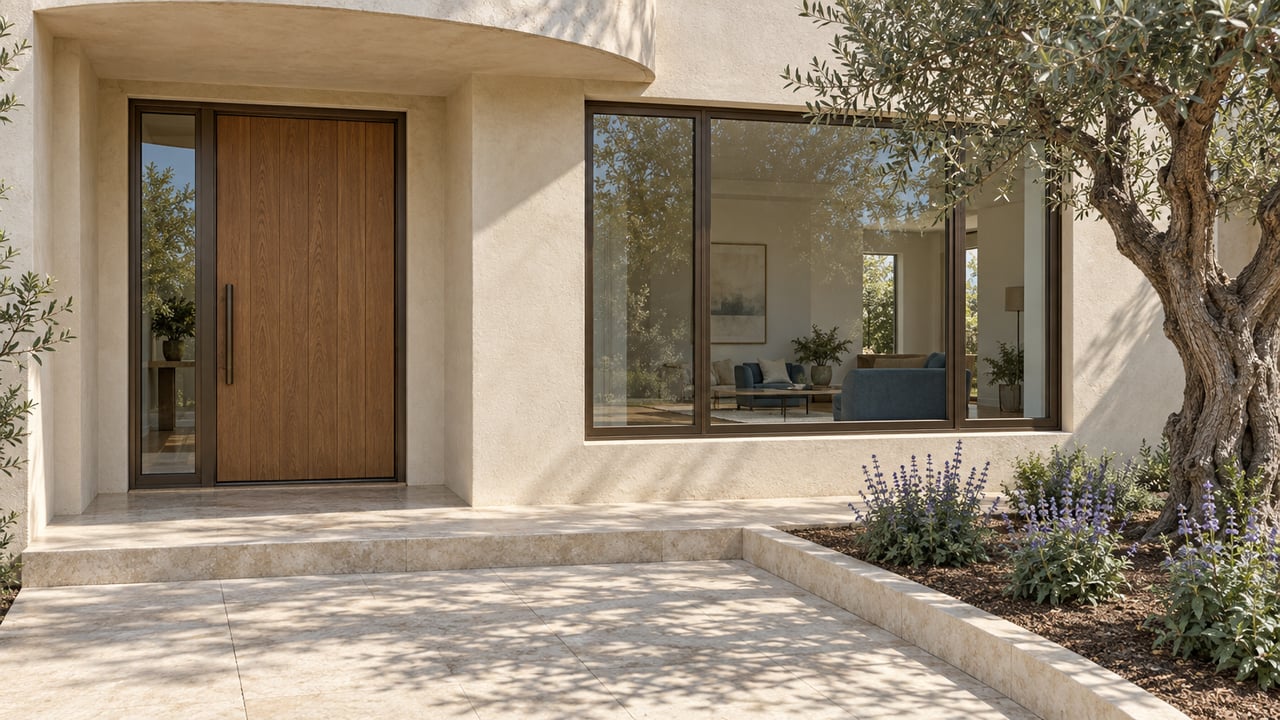 Warm stucco home entry with an oak door, bronze-framed window, limestone approach and a mature olive tree.