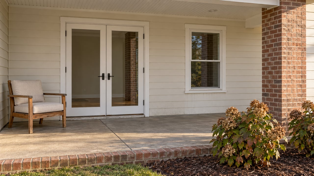 Covered patio with ivory siding, glazed double doors, a brick pier, a teak chair and oakleaf hydrangeas in warm afternoon light.