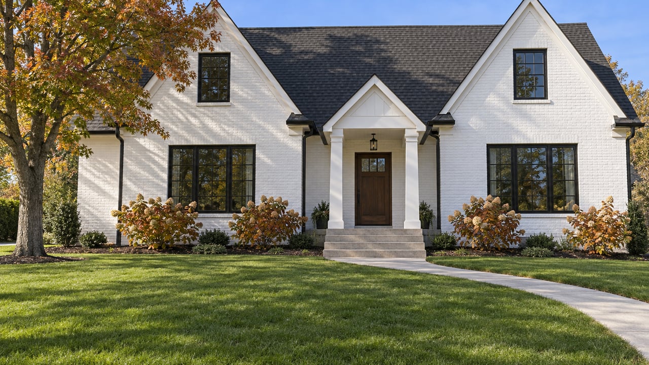 White-painted brick home with steep charcoal gables, black-framed windows, a deep front lawn and autumn oakleaf hydrangeas beside the entrance.