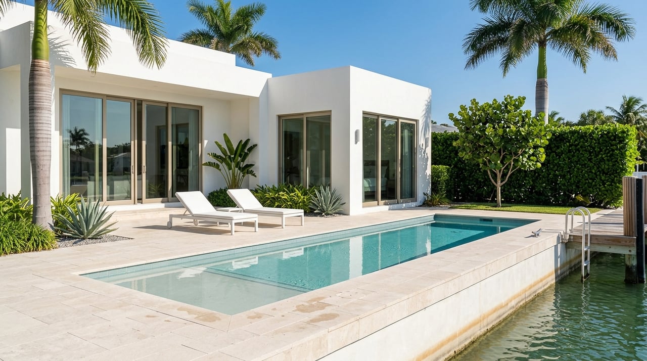 Coastal terrace with a pool connecting to the waterfront beside a dock.