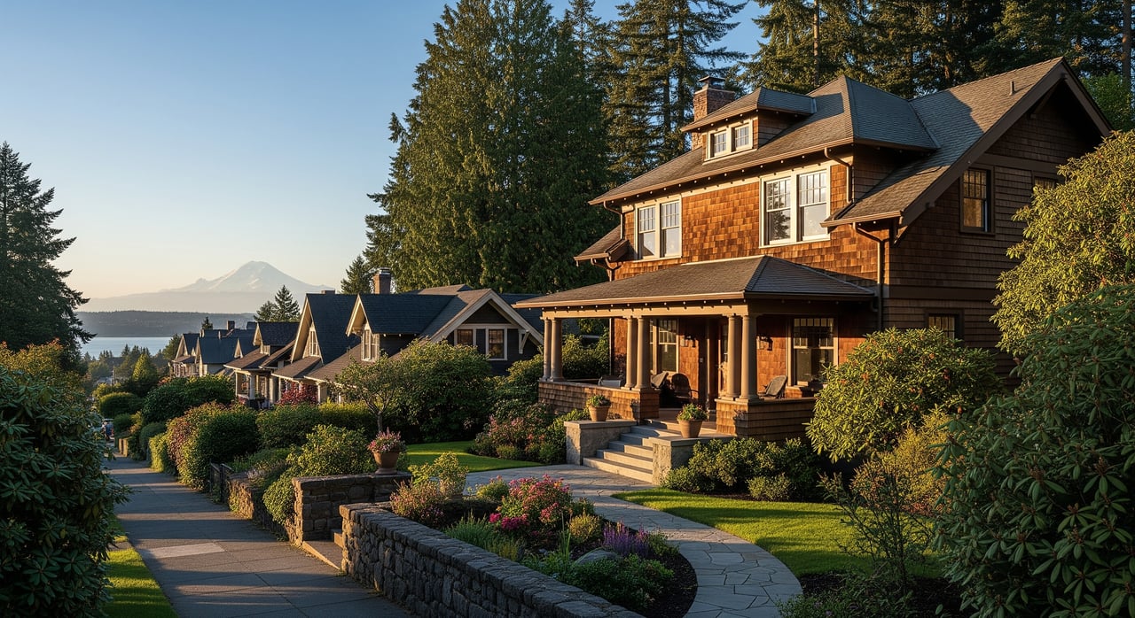 Large brown timber house with a covered porch, stone garden walls, and a distant lake and mountains.