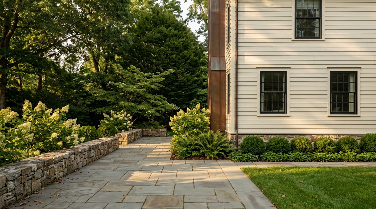 Warm-white clapboard house corner beside a bluestone terrace, fieldstone wall, green lawn, and mature trees.