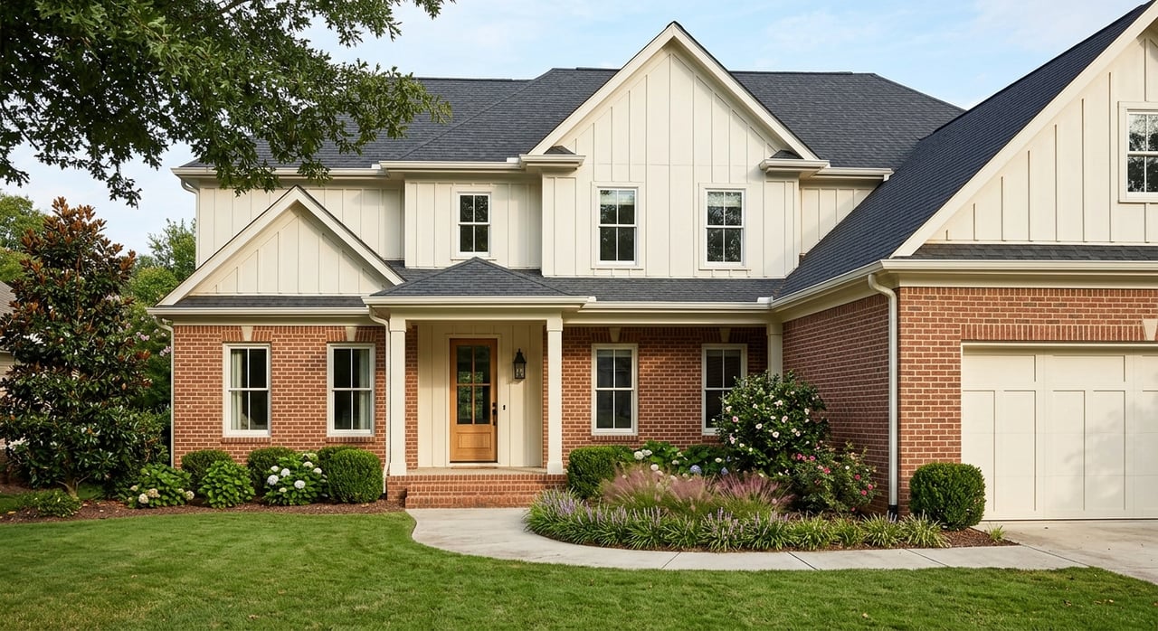 Two-story brick and board-and-batten house with gabled roof, curved walkway, and manicured front lawn.