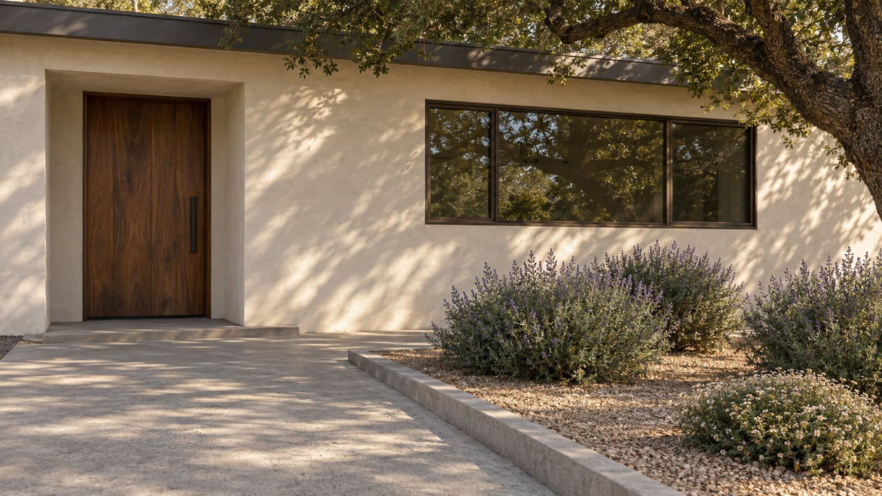 Low-slung stucco home with a walnut entry, bronze-framed window, and oak shading the garden approach.