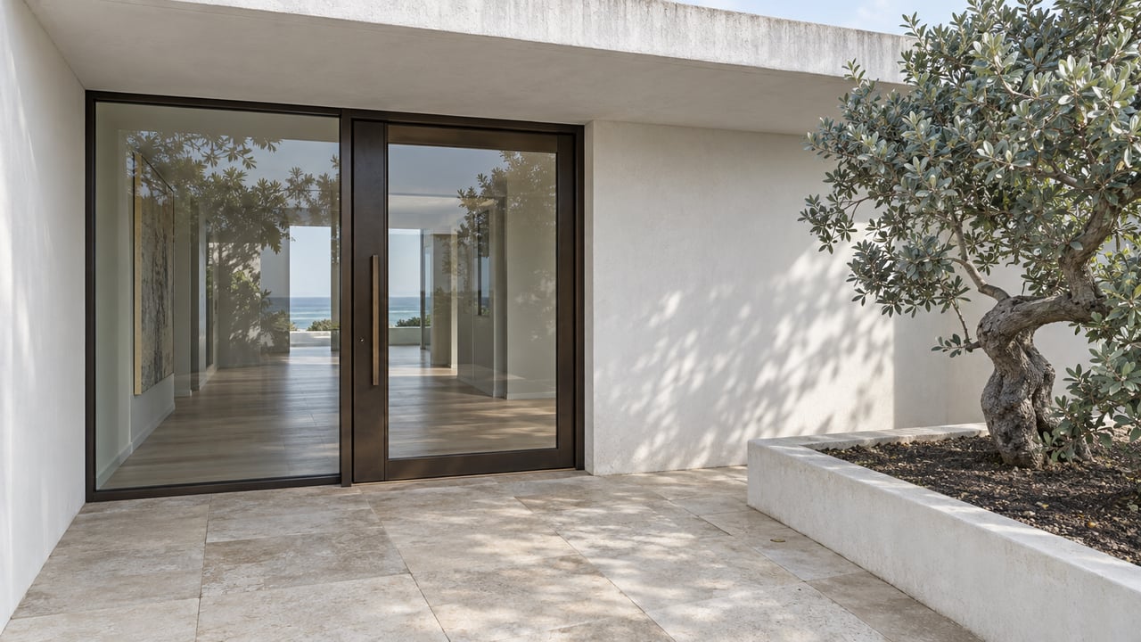 A recessed glass entrance beneath a white concrete overhang, with pale limestone paving and a silver buttonwood in a raised bed.