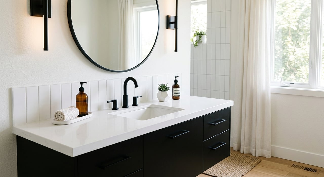 White Shaker vanity with matte-black faucet and framed mirror, plus a folded towel and ceramic soap dish.