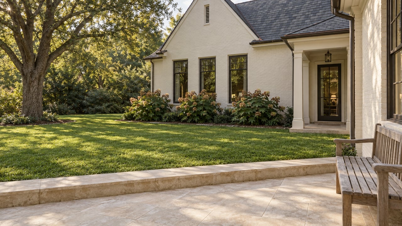 Limestone terrace overlooking a deep lawn and an ivory painted-brick home, with a spreading live oak and oakleaf hydrangeas.