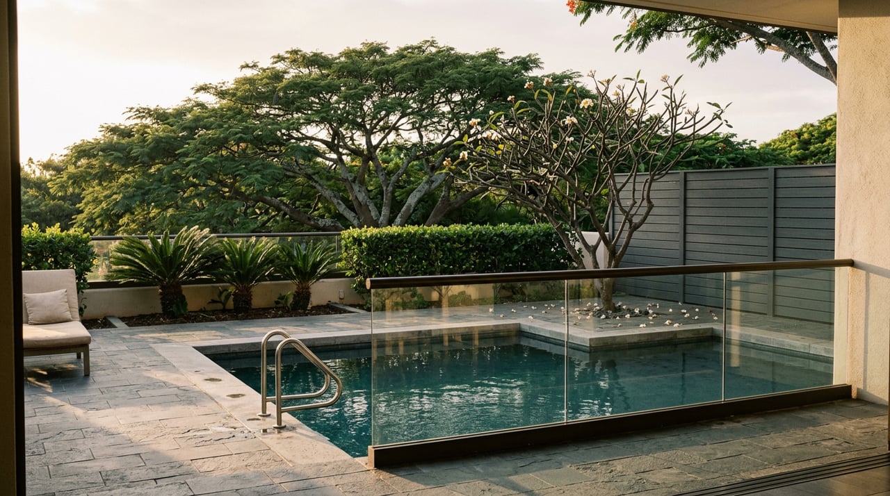 Private villa pool terrace with teal water, glass railing, basalt paving, and a flowering plumeria beneath a broad canopy.