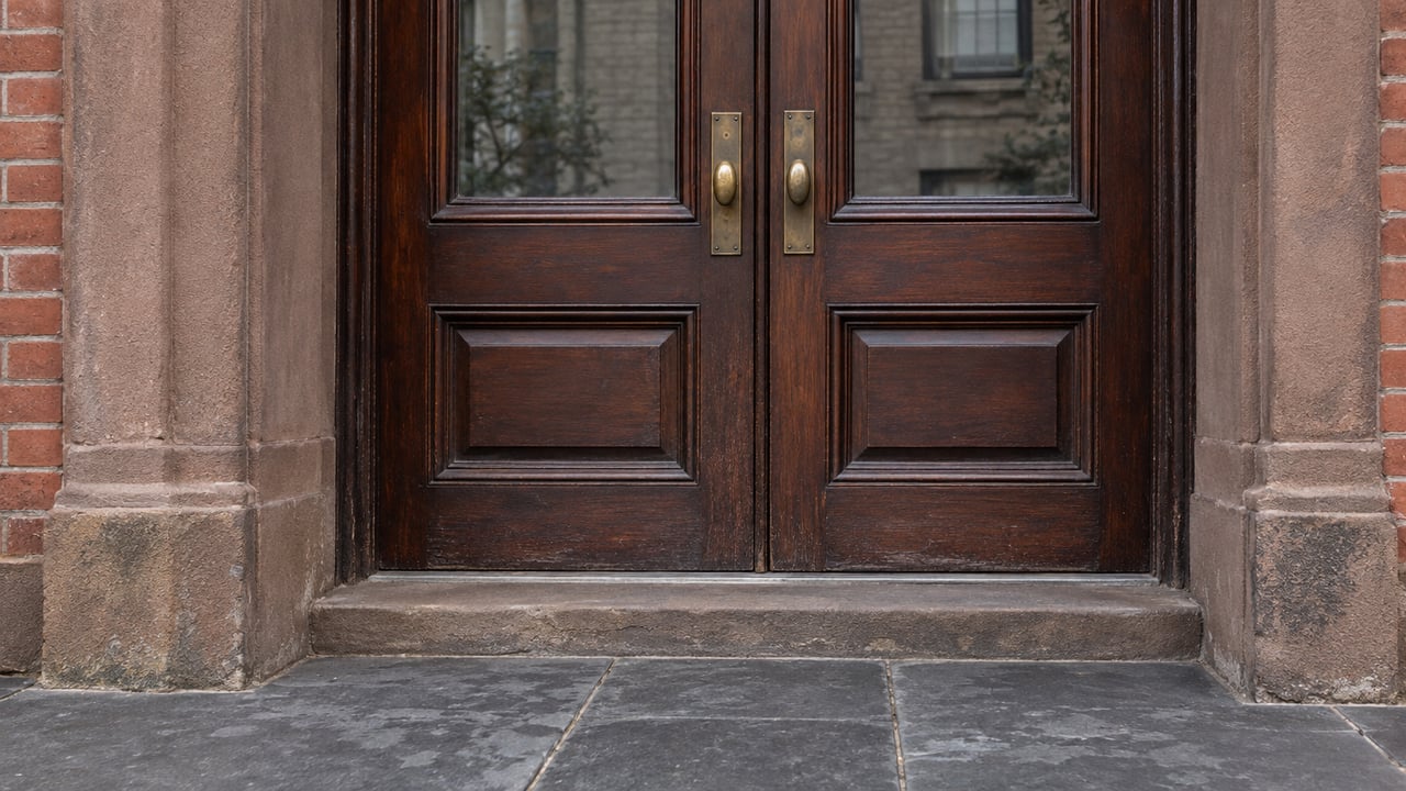 Weathered sandstone framing paired mahogany townhouse doors above a broad bluestone landing.