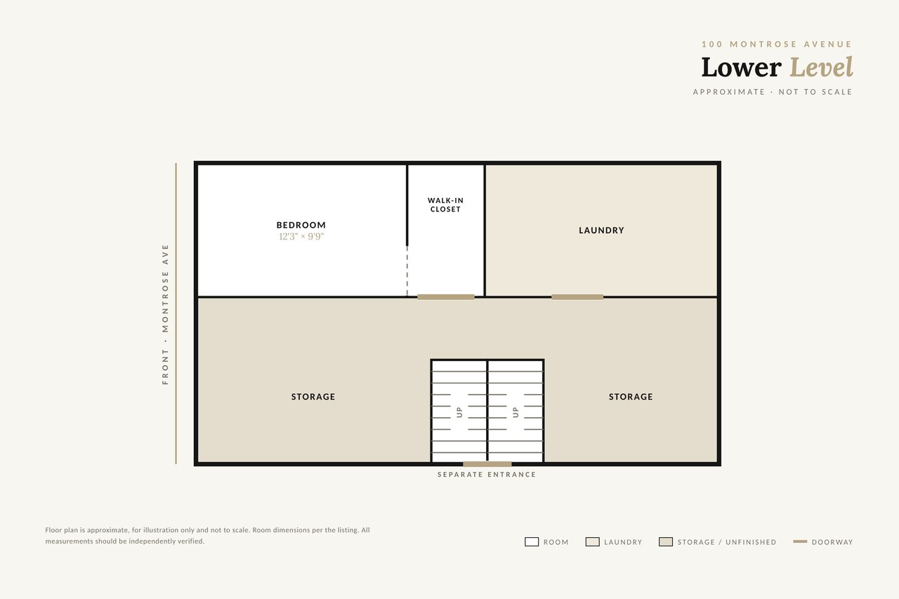 Lower-level floor plan with bedroom, walk-in closet, laundry, storage areas, and a separate entrance.