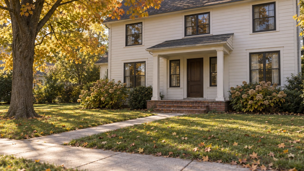 Off-white colonial house with a red-brick stoop, deep lawn, and golden maple canopy.