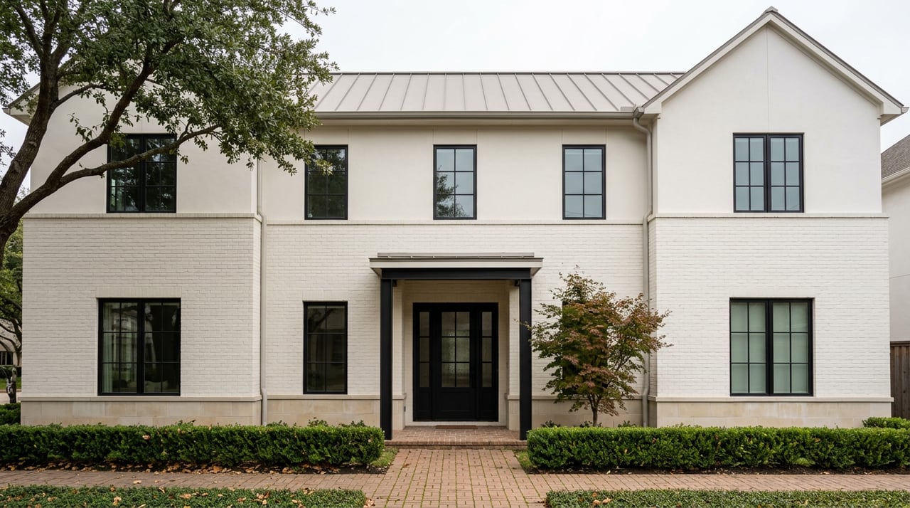 Narrow white brick home with a recessed black entry, standing-seam roof, and live oak canopy.