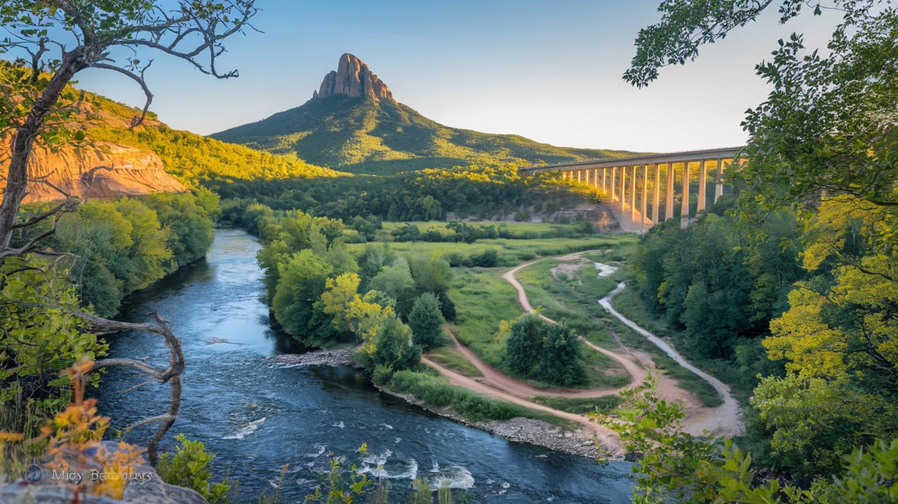 River winds below a long viaduct, with dirt paths and a rocky peak beyond.
