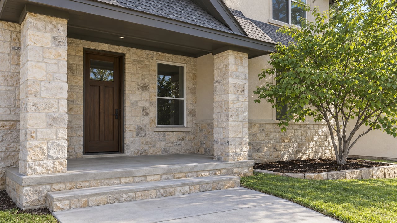 Close view of a pale limestone and stucco home's covered entry, concrete steps, white-framed window and redbud tree.