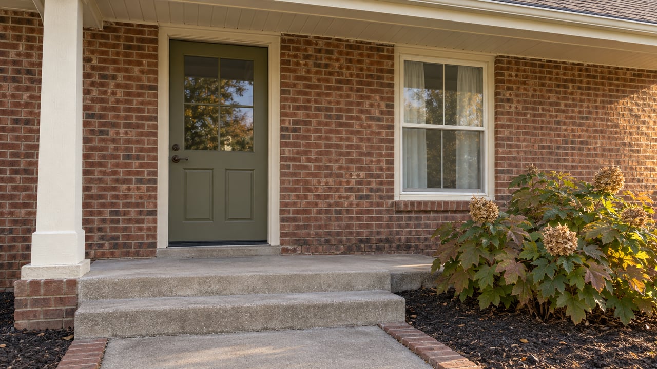Warm afternoon light on a brick home's olive front door, cream-framed window and worn concrete porch steps beside oakleaf hydrangea.
