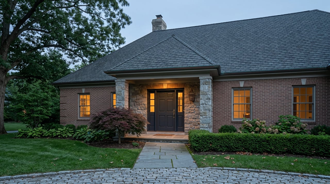 Brick estate entry with stone columns and warm glowing windows, framed by a clipped hedge and mature oak at dusk.