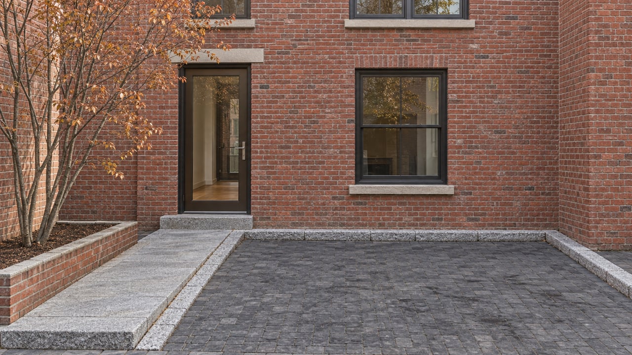 Empty charcoal-paver parking bay bordered by granite setts, facing a red-brick condominium entry and sparse-leaved tree.